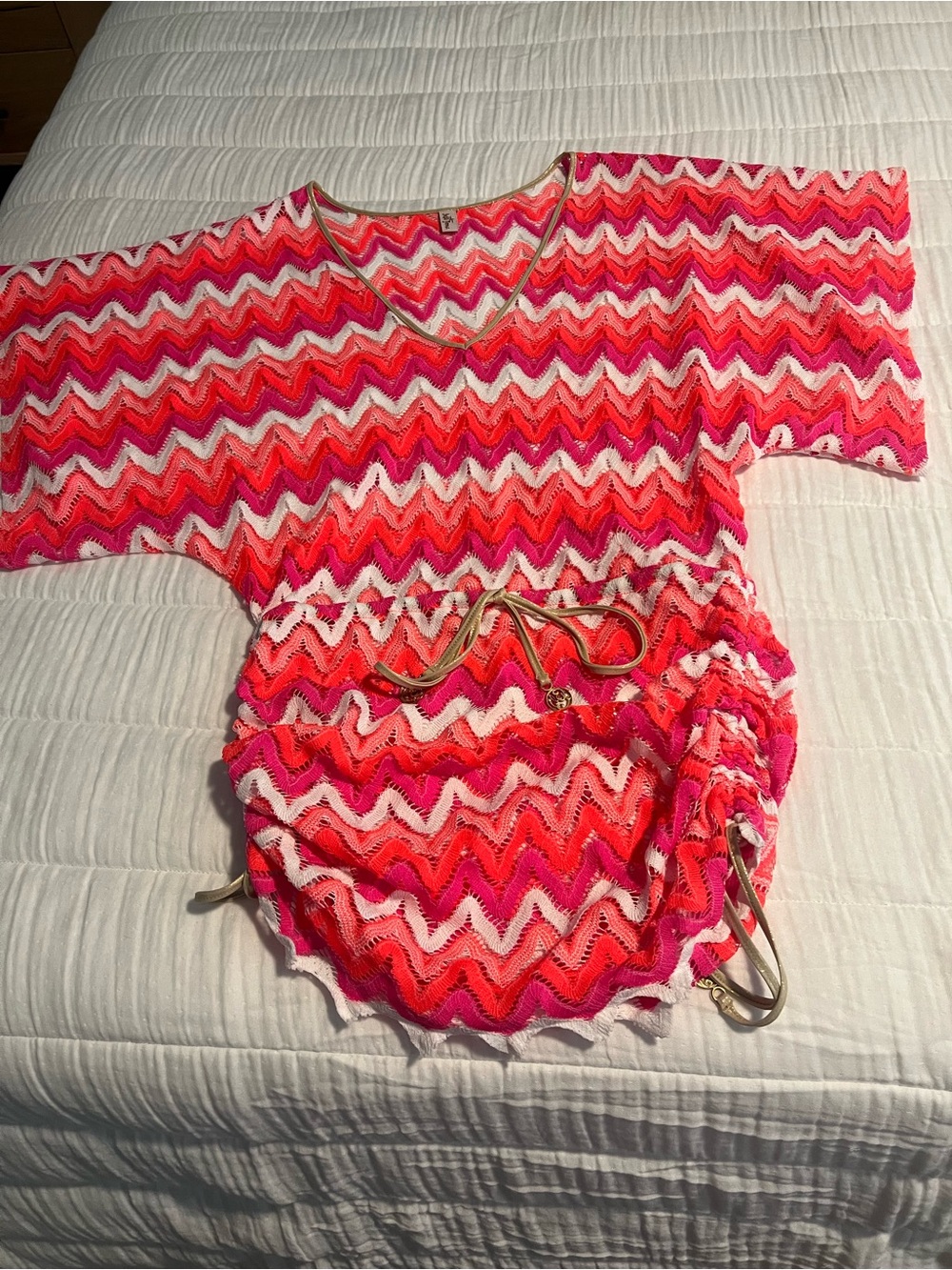 Luli Fama Pink & Red Crochet Swim Coverup with Drawstring